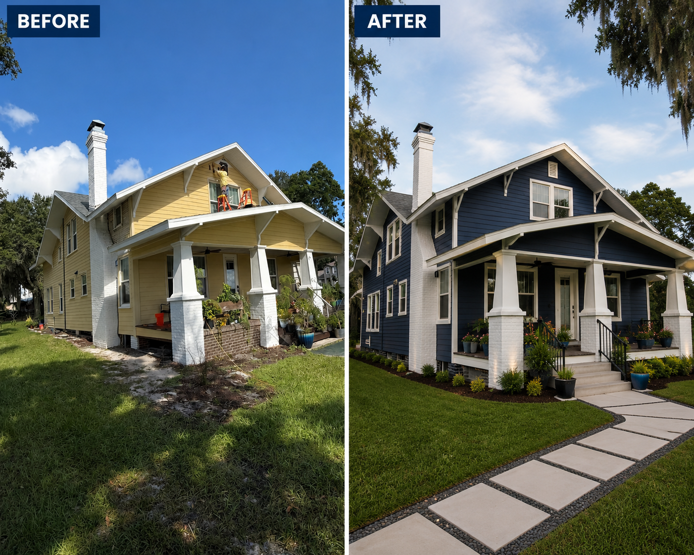 Before & After - Yellow to navy blue exterior transformation