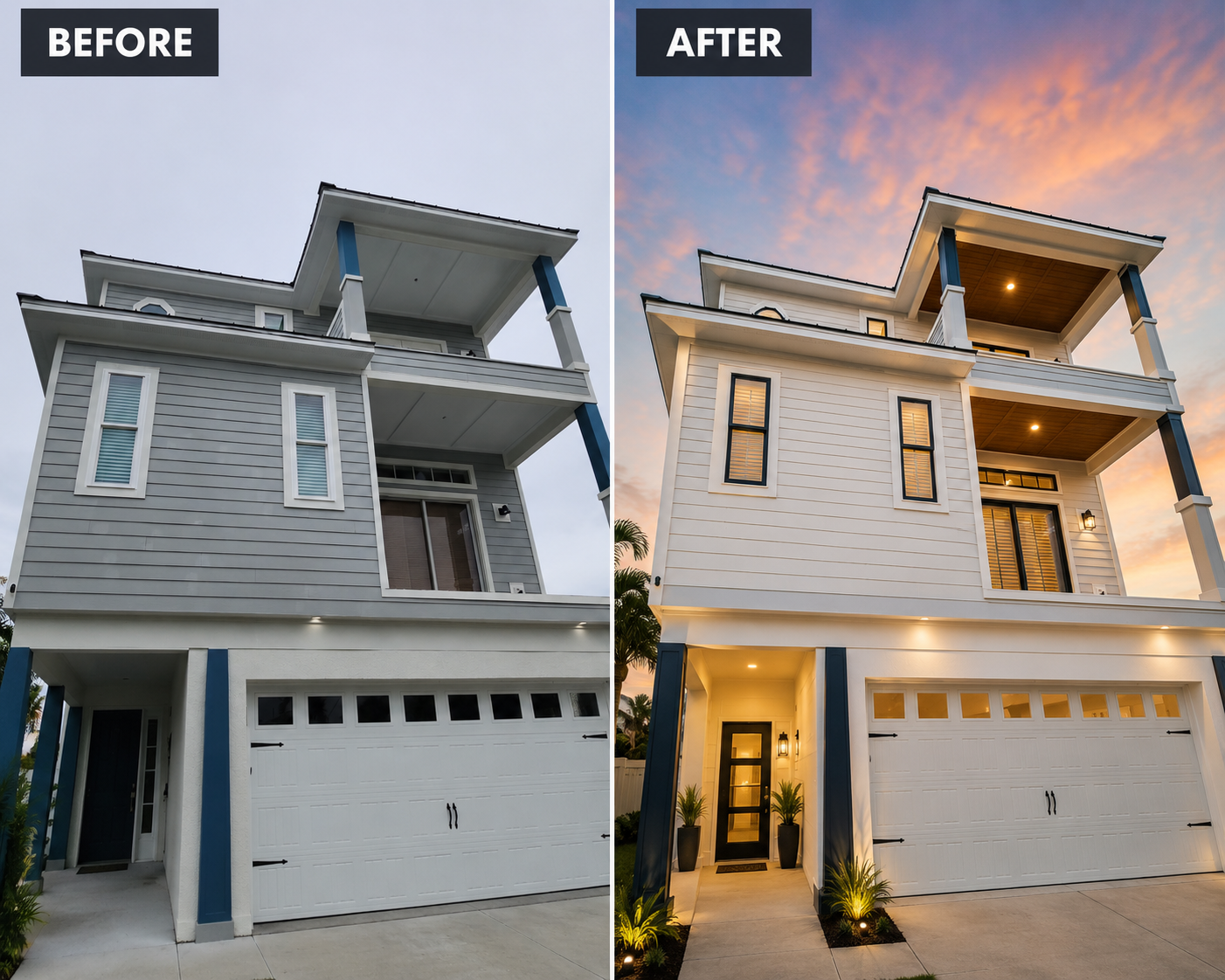 Before & After - Modern three-story home exterior painting