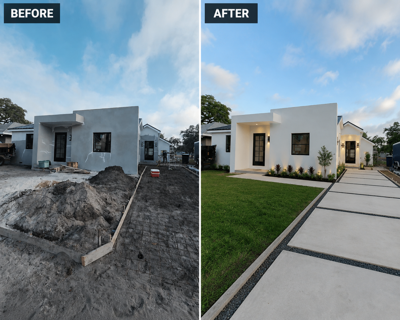 Before & After - Modern stucco home construction to finished