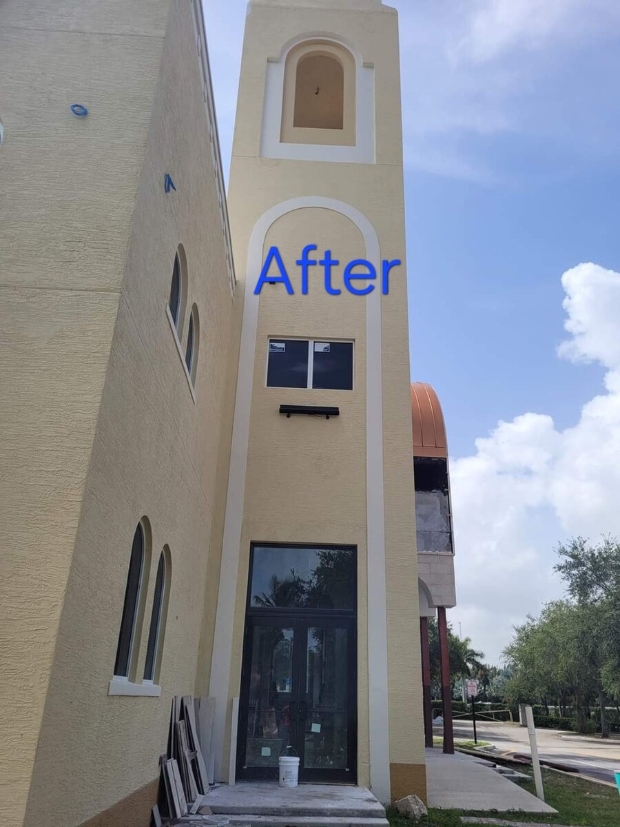 Completed church exterior in Brandon, FL after new commercial stucco installation, exterior texture and painting by H Calix Stucco Design & Paint LLC.