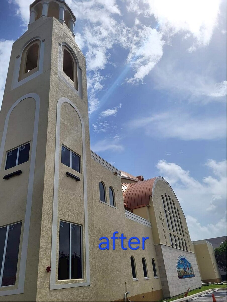 Finished church tower with new stucco texture, trim and exterior paint in Brandon, FL — H Calix Stucco Design & Paint LLC.
