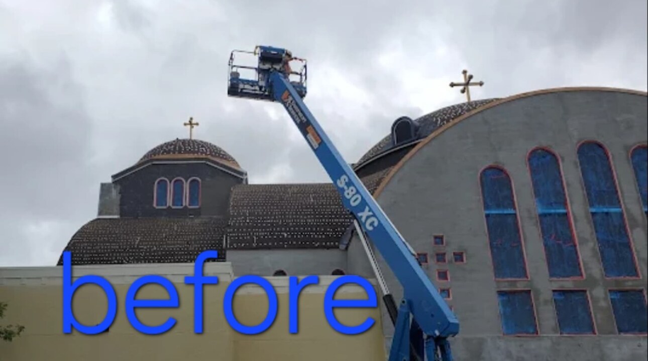 Church in Brandon, FL before new stucco and exterior painting — scaffolding around the exterior walls prior to work by H Calix Stucco Design & Paint LLC.