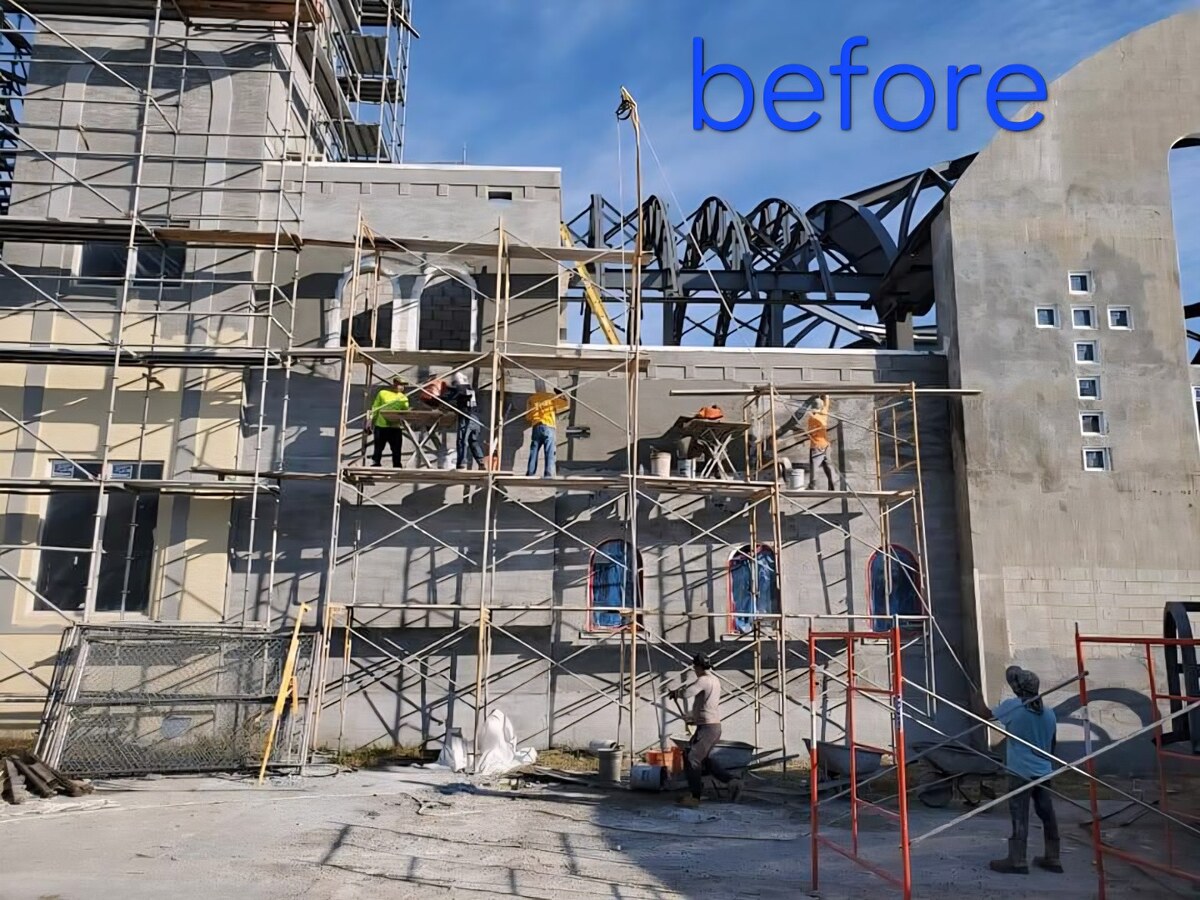 New commercial stucco installation in progress on a church in Brandon, FL — boom lift and exterior wall preparation by H Calix Stucco Design & Paint LLC.