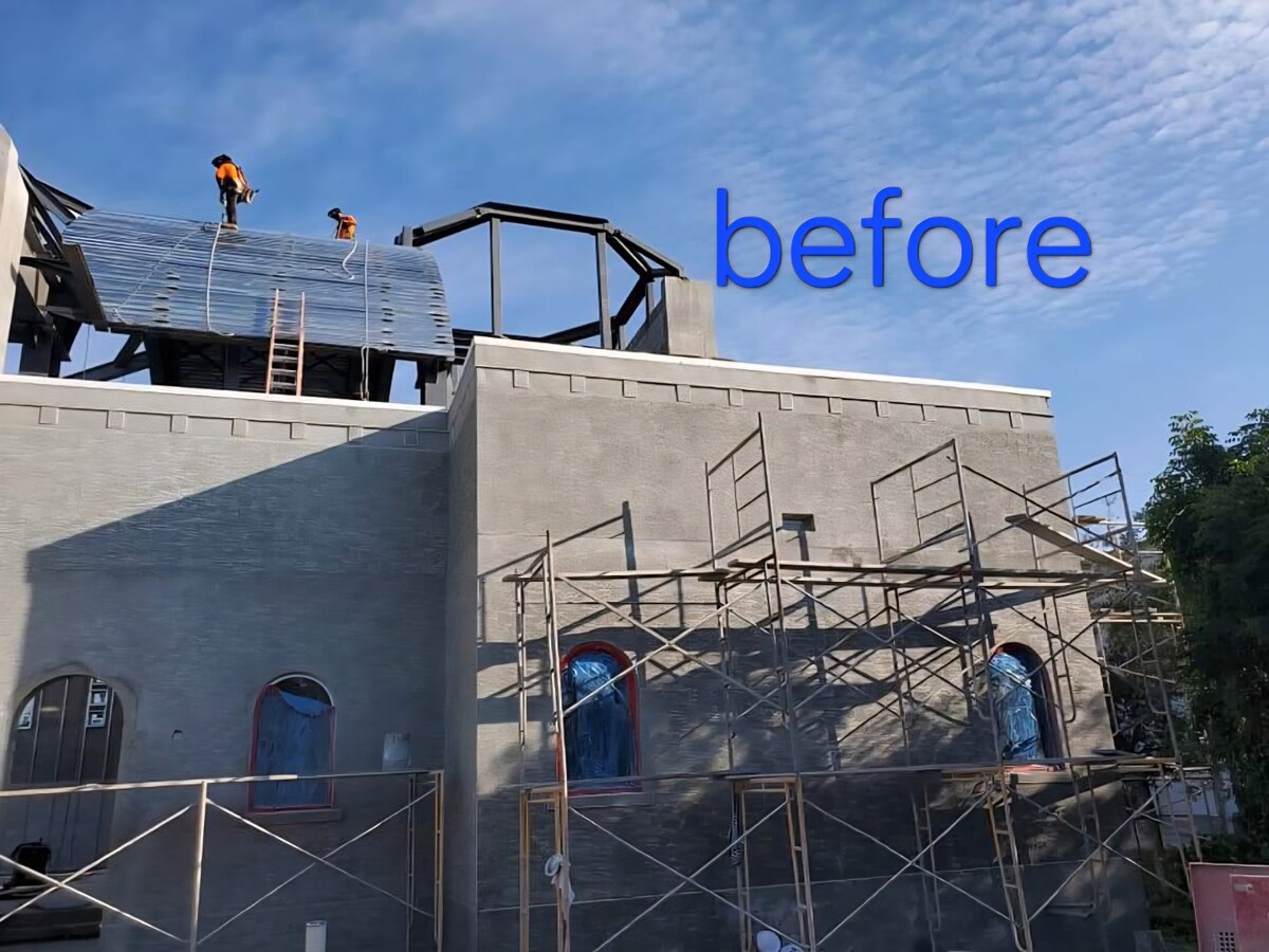 Base coat stucco applied on church exterior walls with scaffolding during commercial stucco installation in Brandon, FL — H Calix Stucco Design & Paint LLC.