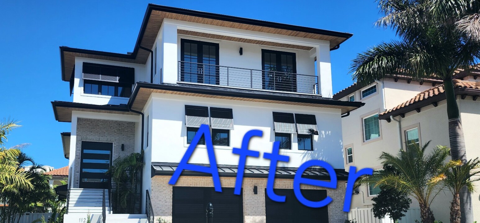 Completed modern home in St. Petersburg, FL with new smooth stucco finish and white exterior paint — H Calix Stucco Design & Paint LLC.